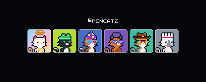 A pixel art banner titled "PENCATZ" displaying six colorful cat characters as NFT-style avatars on a dark background.