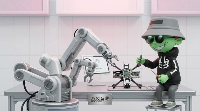 A 3D-rendered green face with sunglasses, wearing a bucket hat and black hoodie, sits at a workbench labeled 'AXIS ROBOTICS' next to a robotic arm and a small drone.