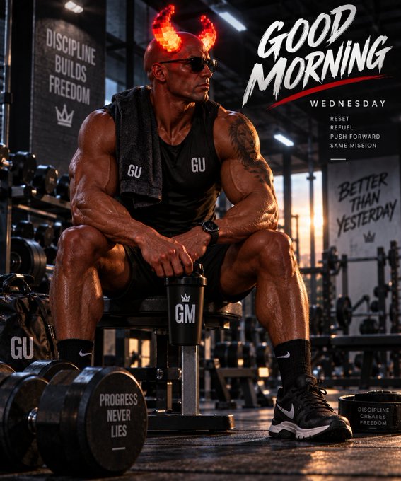 A motivational gym poster reading 'GOOD MORNING WEDNESDAY' with text like 'RESET, REFUEL, PUSH FORWARD, SAME MISSION' and 'DISCIPLINE BUILDS FREEDOM,' 'BETTER THAN YESTERDAY,' featuring a muscular man with flaming horns in a gym setting.