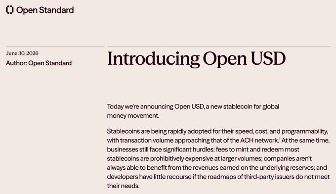 Article from Open Standard dated June 30, 2026 titled 'Introducing Open USD,' announcing a new stablecoin for global money movement.
