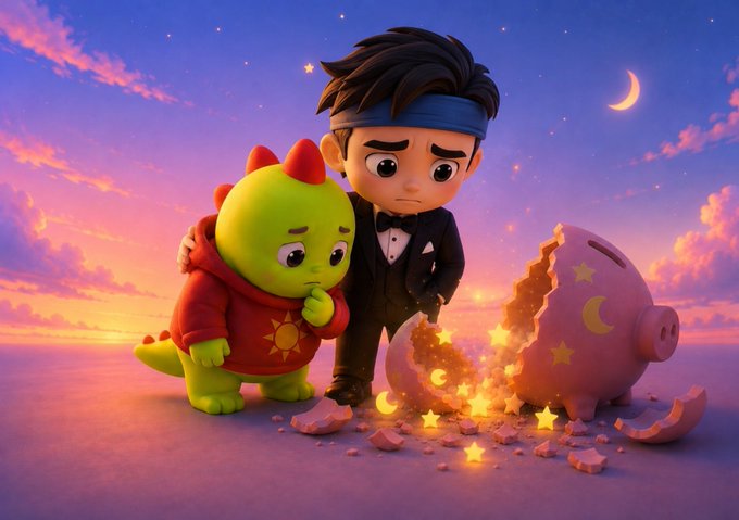 A 3D-rendered illustration of a sad boy in a tuxedo and a green dinosaur companion in a red hoodie, standing beside a broken pink piggy bank with glowing stars and coins spilling out against a sunset sky.