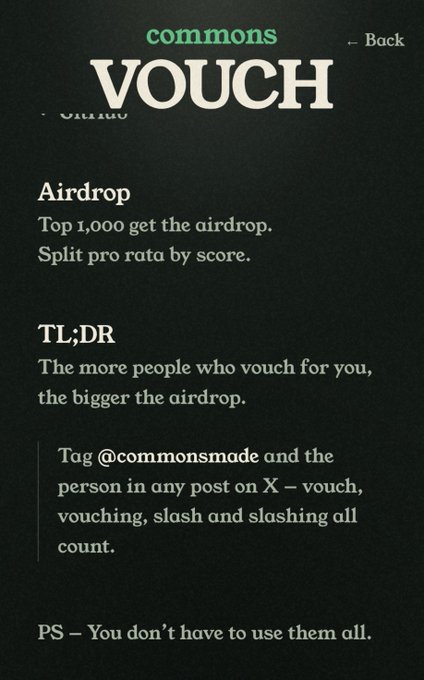 The image displays a dark-themed informational graphic titled "commons VOUCH" detailing an airdrop where the Top 1,000 participants receive tokens split pro rata by score, explaining that tagging @commonsmade and others on X (via vouches, vouching, slash, and slashing) boosts one's allocation, and noting that participants don't have to use all vouches. It visually supports the accompanying alpha post's explanation of the @commonsmade airdrop mechanics, specifically the vouching system used to determine the Top 1,000 scorers.