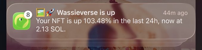 A notification from the app with "8" badge reads "Wassieverse is up - Your NFT is up 103.48% in the last 24h, now at 2.13 SOL," posted 44 minutes ago. The image supports the post's request for @inversebrah to publicly endorse the Wassieverse NFT project, hoping his support would push its price back above its all-time high, given its significant 24-hour surge.