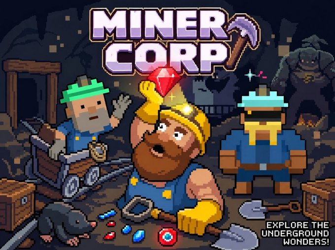 Pixel art promotional image for a game titled "MINER CORP" showing three cartoon miners with hard hats in an underground setting, with text "EXPLORE THE UNDERGROUND WONDERS!".