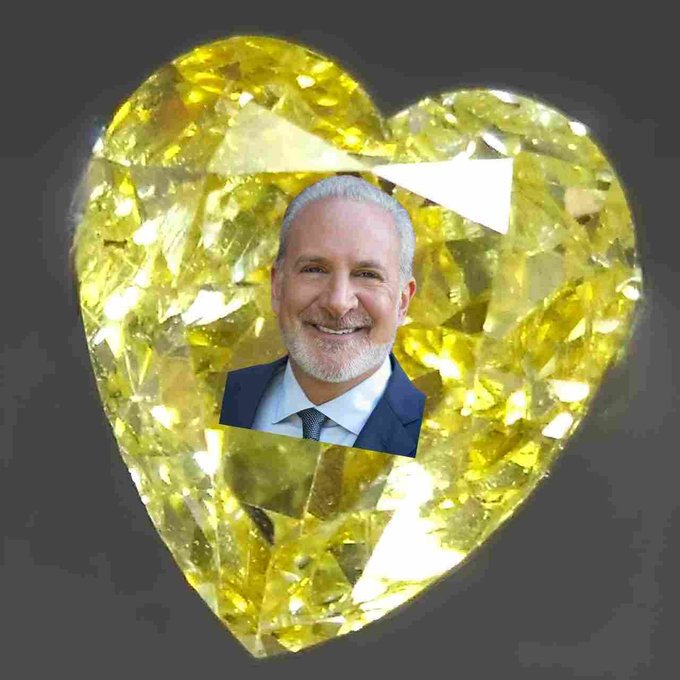 The image features a large yellow diamond with a man's face inside it, giving the impression that he is smiling at the camera. The caption below the diamond reads "Guys, Peter loves Bitcoin because Peter is inside Bitcoin." This message seems to be related to Bitcoin and its supporters, as indicated by the man's name in the image.
