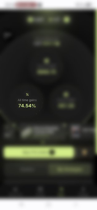 A heavily blurred screenshot of a mobile app interface displays the highlighted statistic '% All time gains 74.54%'.