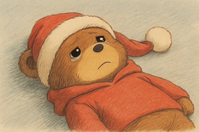 A pencil-style illustration of a sad, teary-eyed teddy bear wearing a red Santa hat and red sweater, lying down on a textured surface.