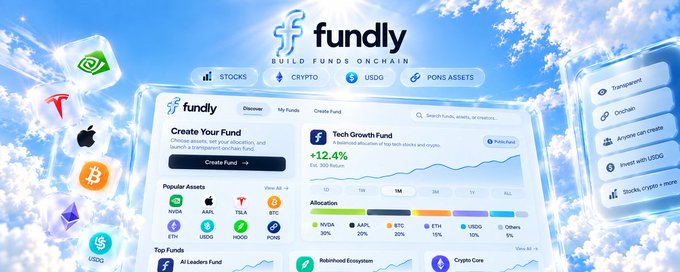 A promotional image for the Fundly platform ('Build Funds Onchain') showing its dashboard interface with options for stocks, crypto, USDG, and PONS Assets, featuring icons for various assets like NVDA, AAPL, TSLA, BTC, ETH, and others.