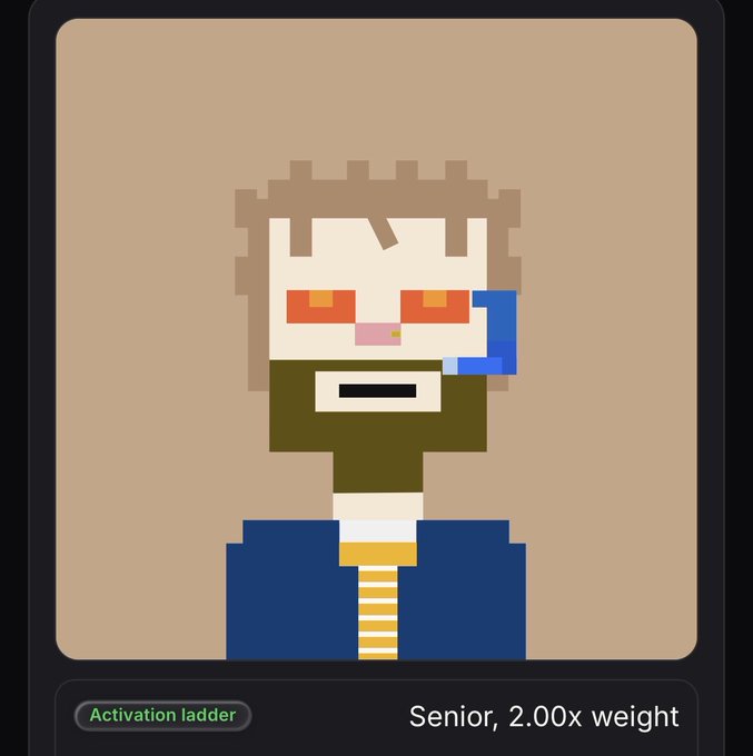 A pixel art character with brown hair, red glowing eyes, and a blue headset, labeled as "Senior, 2.00x weight" under an "Activation ladder" tag.