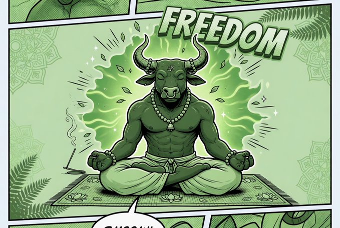 A comic book panel shows a green, muscular bull-headed deity meditating in a lotus position, wearing a beaded necklace and a loincloth, with the word 'FREEDOM' written in large green letters above.