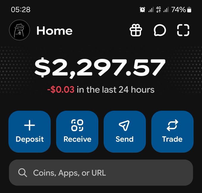 Screenshot of a mobile crypto wallet home screen showing a balance of $2,297.57 (down $0.03 in the last 24 hours), with Deposit, Receive, Send, and Trade action buttons—matching the user's post about accumulating savings and considering an all-in bet to quit their job.