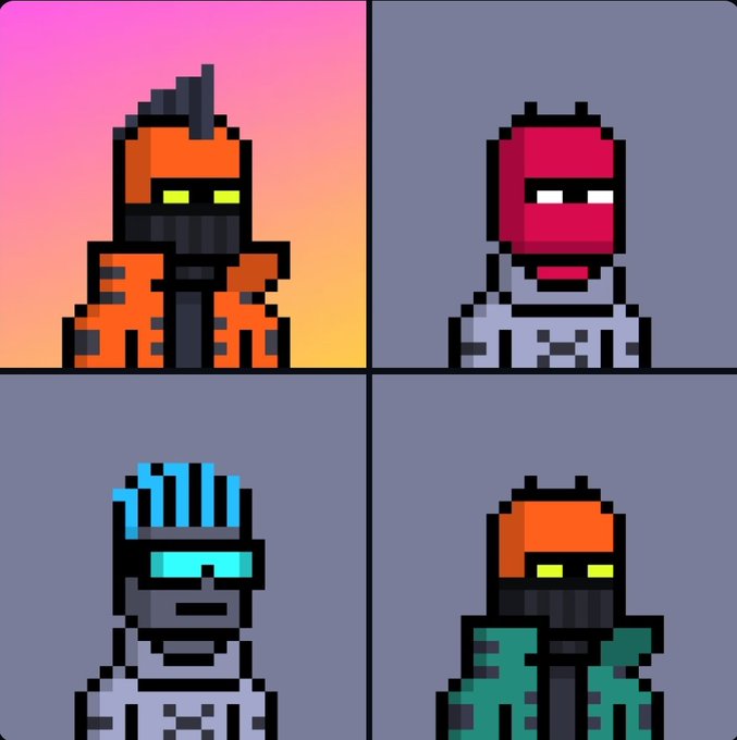 Four pixel-art NFT characters are displayed in a grid: an orange-armored figure on a sunset background (top left), a red-headed figure in gray (top right), a cyan-haired figure in gray (bottom left), and a figure with an orange visor and green armor (bottom right).
