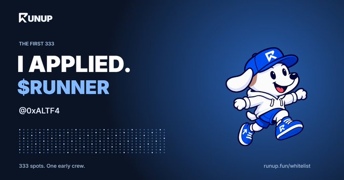 A RunUp promotional graphic announcing the first 333 spots for '$RUNNER' with a cartoon dog mascot and the handle @0xALTF4.