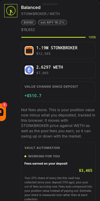 The image shows a "Balanced" liquidity pool position for the STONKBROKER/WETH pair, displaying an estimated APY of 16.2% and a total value of $19,652 (1.19M STONKBROKER and 2.6297 WETH). The position is up $510.7 since deposit, with $3,465 in fees earned over 17 days, supporting the post's claim that the LP remains profitable through fees and auto-compounding despite STONKBROKER's price decline.