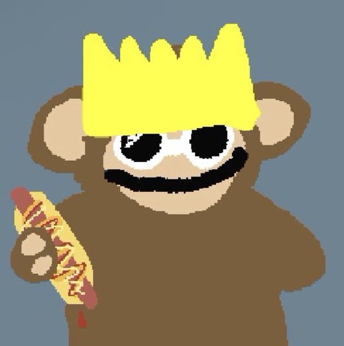 A pixelated brown monkey character wearing a yellow crown and sunglasses holds a bloody taco, humorously parodying the "clothes off" Bitcoin Puppets meme in a comically graphic way.