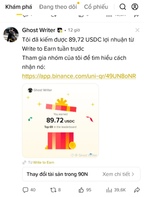 A Twitter/X post from "Ghost Writer" showing earnings of 89.72 USDC from Binance's "Write to Earn" program (ranked Top 69 on the leaderboard), shared to promote their referral group at app.binance.com/uni-qr/49UN8oNR. The post exemplifies the accompanying quote's theme about consistent writers who keep creating value despite criticism, eventually attracting earnings naturally.