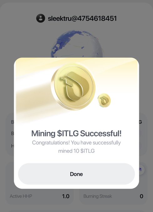 A mining notification pop-up displays "Mining $ITLG Successful!" with the message "Congratulations! You have successfully mined 10 $ITLG," along with a "Done" button, visually confirming the user's claim of earning 10 $ITLG tokens through the Interlink platform as mentioned in the post.