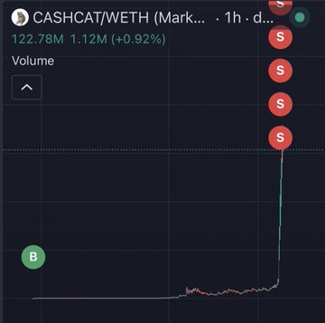 A CASHCAT/WETH trading chart shows the token's price spiking dramatically, with the token reaching a market cap of 122.78M and volume of 1.12M (+0.92%), illustrating the post's claim of a massive pump from a $59k market cap to over $100M after a $838 buy.
