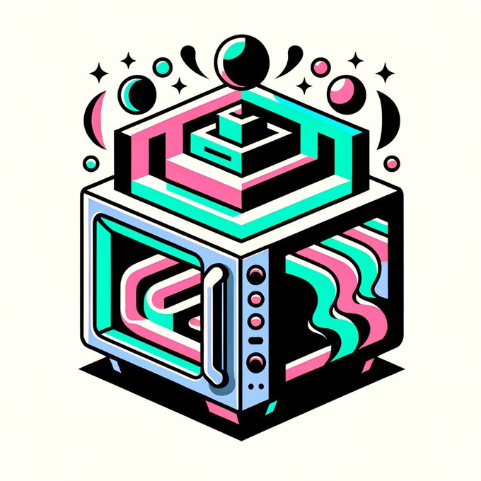 A colorful vector illustration of a stylized microwave in pink, teal, and black with floating orbs and stars on a cream background.