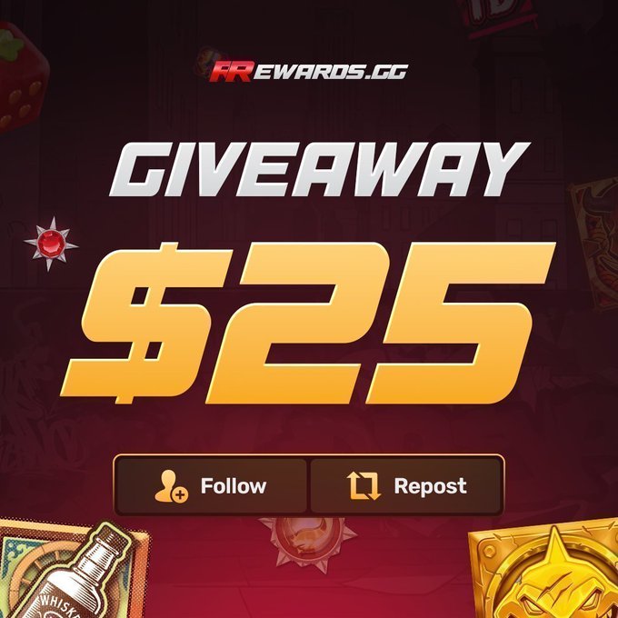 A promotional graphic from FREWARDS.GG announcing a "$25 GIVEAWAY," featuring large gold "$25" text alongside "Follow" and "Repost" buttons, matching the post's call to action for users to follow and retweet for a chance to win.
