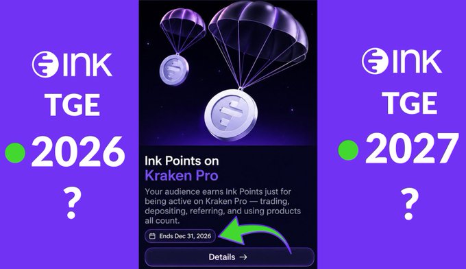 A promotional graphic for "INK TGE 2026" and "INK TGE 2027" on a purple background, showing coins with parachutes landing and text reading "Ink Points on Kraken Pro — Your audience earns Ink Points just for being active on Kraken Pro — trading, depositing, referring, and using products all count." with "Ends Dec 31, 2026" highlighted by a green arrow.