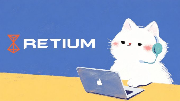 Digital illustration on a blue background featuring the 'RETIUM' logo with a red hourglass symbol, alongside a cute white cat wearing a teal headset and working on a MacBook laptop.