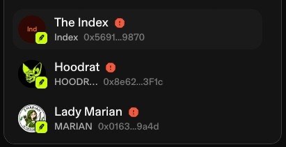 The image shows a list displaying three manually deployed tokens flagged with red warning icons—"The Index ($IND 0x5691...9870)", "Hoodrat ($HOODR... 0x8e62...3F1c)", and "Lady Marian ($MARIAN 0x0163...9a4d)"—each tagged as "Malicious Token Reported" despite being legitimate, as highlighted in the accompanying post criticizing Blockaid's automated false-positive detection on Uniswap and MetaMask.