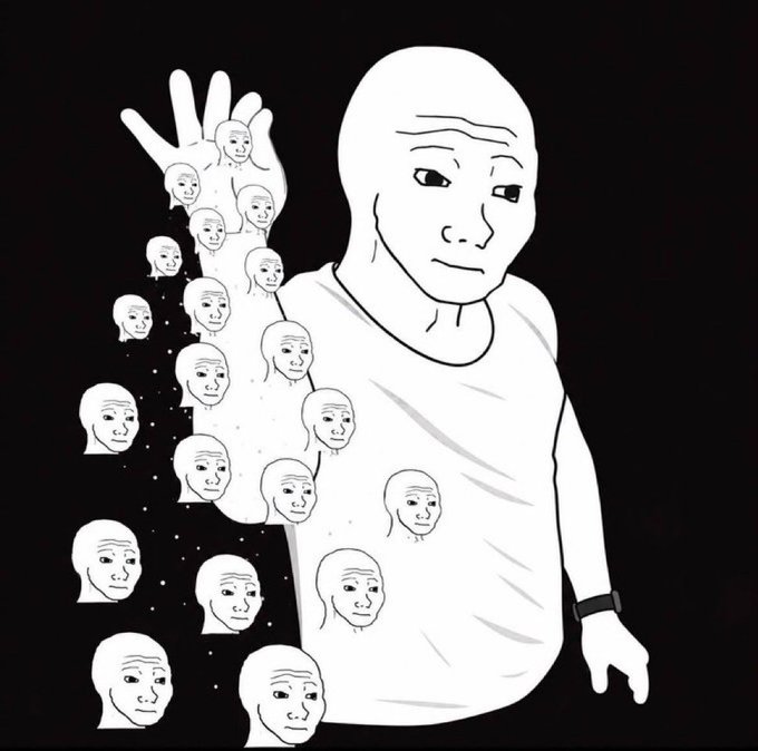 A black and white line drawing depicts the 'wojak' meme character holding up a hand from which numerous smaller wojak faces are emerging into a starry void.