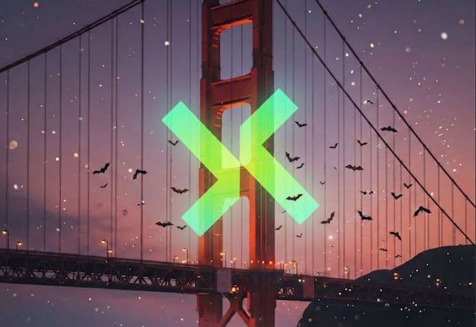 A stylized image of the Golden Gate Bridge at sunset with bats flying and a glowing green X logo overlaid in the center.