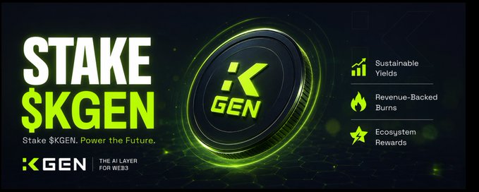 An advertisement for 'STAKE $KGEN' with the KGEN logo, a glowing coin, and listed features including 'Sustainable Yields', 'Revenue-Backed Burns', and 'Ecosystem Rewards'.