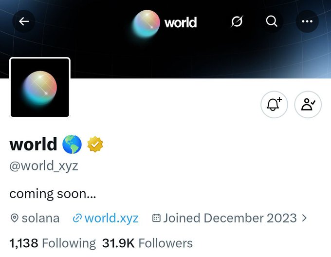 This image shows the X (Twitter) profile of @world_xyz, a Solana-based project with a verified checkmark, 31.9K followers, and the teaser "coming soon...". It relates to the post by highlighting World XYZ as a notable upcoming project on the Solana blockchain.