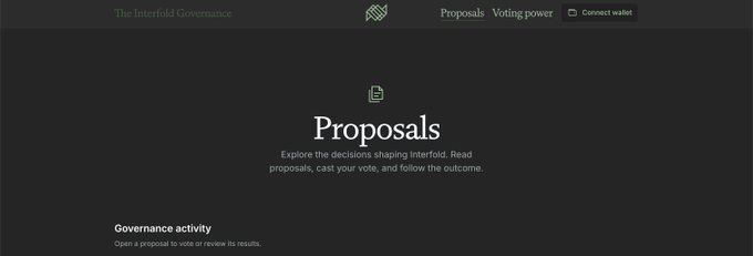 The image shows a webpage from "The Interfold Governance" site displaying a "Proposals" section, which invites users to "Explore the decisions shaping Interfold. Read proposals, cast your vote, and follow the outcome." This aligns with the post about governance being live and a new proposal (IPP 001) concerning ciphernode operators being introduced on the Interfold platform.
