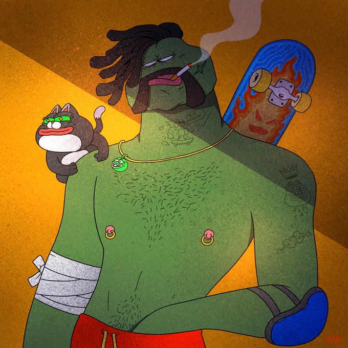 A cartoon illustration depicts a muscular green-skinned character with dreadlocks, smoking a cigarette, with a skateboard featuring a flaming face design strapped to their back and a small cat on their shoulder.