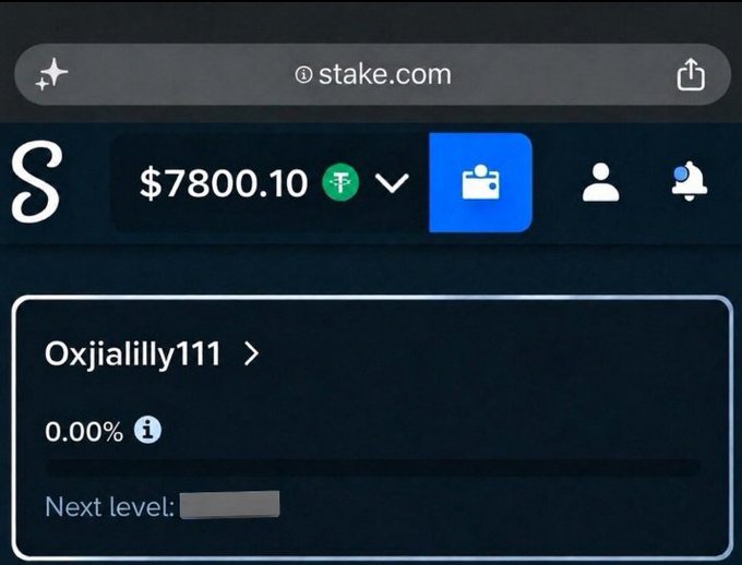 The image shows a Stake.com account interface displaying a balance of $7800.10 for username "0xjialilly111," which aligns with the post promoting a $1,500 giveaway for Stake users. The screenshot serves as proof of the account holder's eligibility to participate in the giveaway drawing 15 winners with $100 prizes.