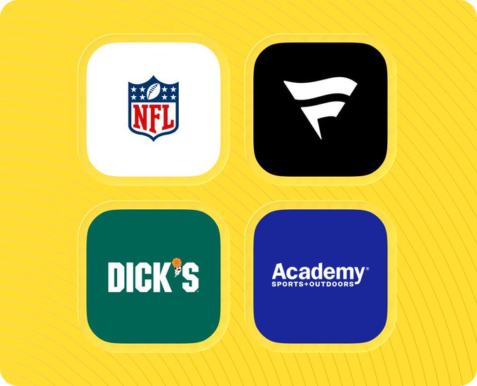 Four app icons on a yellow background: NFL, Fanatics (F logo), Dick's Sporting Goods, and Academy Sports + Outdoors.