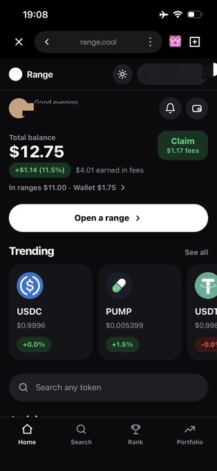A screenshot of the range.cool mobile app showing a 'Good evening' greeting, a total balance of $12.75, and trending tokens like USDC and PUMP.