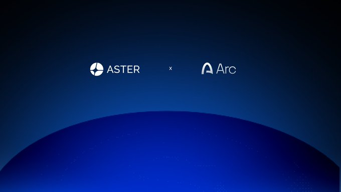 The image displays a dark blue background featuring the ASTER and Arc logos separated by a small "x," visually representing the partnership announcement. A curved blue shape at the bottom adds a sleek, modern design element to the collaboration reveal.
