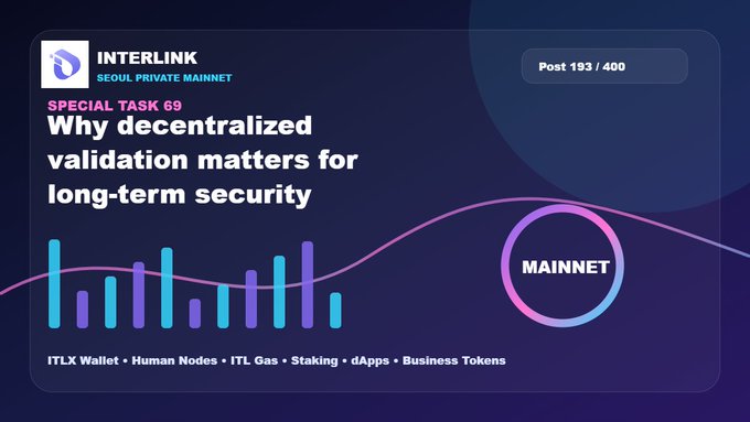An Interlink SEOUL Private Mainnet article titled 'Why decentralized validation matters for long-term security' labeled Special Task 69.