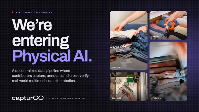 A promotional graphic for 'capturGO V2' announcing 'We're entering Physical AI,' describing a decentralized data pipeline for capturing and annotating real-world multimodal data for robotics.