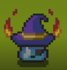 A pixel art image depicts a small blue wizard-like character with a purple hat, a white mustache, and red flame-like accents on a green background.