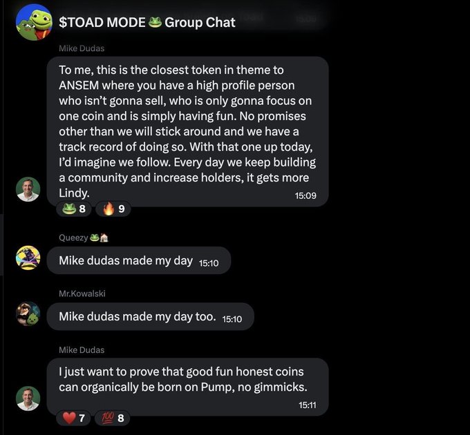 A screenshot of the "$TOAD MODE" Group Chat on Telegram featuring messages from Mike Dudas (15:09-15:11) discussing how the token resembles ANSEM's approach with a dedicated non-selling high-profile supporter, followed by community members "Queezy 🏠" and "Mr.Kowalski" responding that "Mike dudas made my day," aligning with the post's claim of $TOAD being a strong organic community across chains.