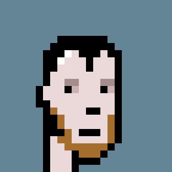 A low-resolution pixel art image of a pale-skinned character with long black hair and a beard against a bright blue background.