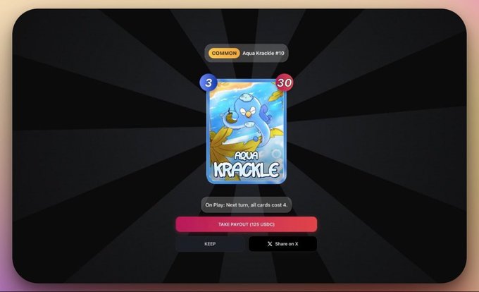 The image displays an "Aqua Krackle #10" common card from the Anamon game, showing its stats (3 blue, 30 red) and play effect of reducing all card costs by 4 next turn, alongside options to "TAKE PAYOUT (125 USDC)" or "KEEP." This visually represents the user's pack pull decision—either keeping the playable TCG card or cashing out via the fixed USDC buyback mentioned in their post.