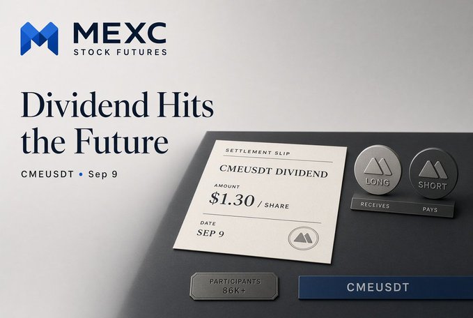 A MEXC Stock Futures promotional graphic titled 'Dividend Hits the Future' showing a CMEUSDT settlement slip with a $1.30/share dividend on Sep 9, featuring LONG/SHORT coin icons.