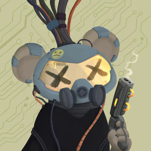 A graphic of a robot with two black crossed eyes, holding a gun and a toy gun. A code (0x33beb...4771f8d1) is displayed beside him. A caption reads "New owner: 0x332beb ... 4771f8d1 Welcome to the Lil Stars family! The stage is yours."