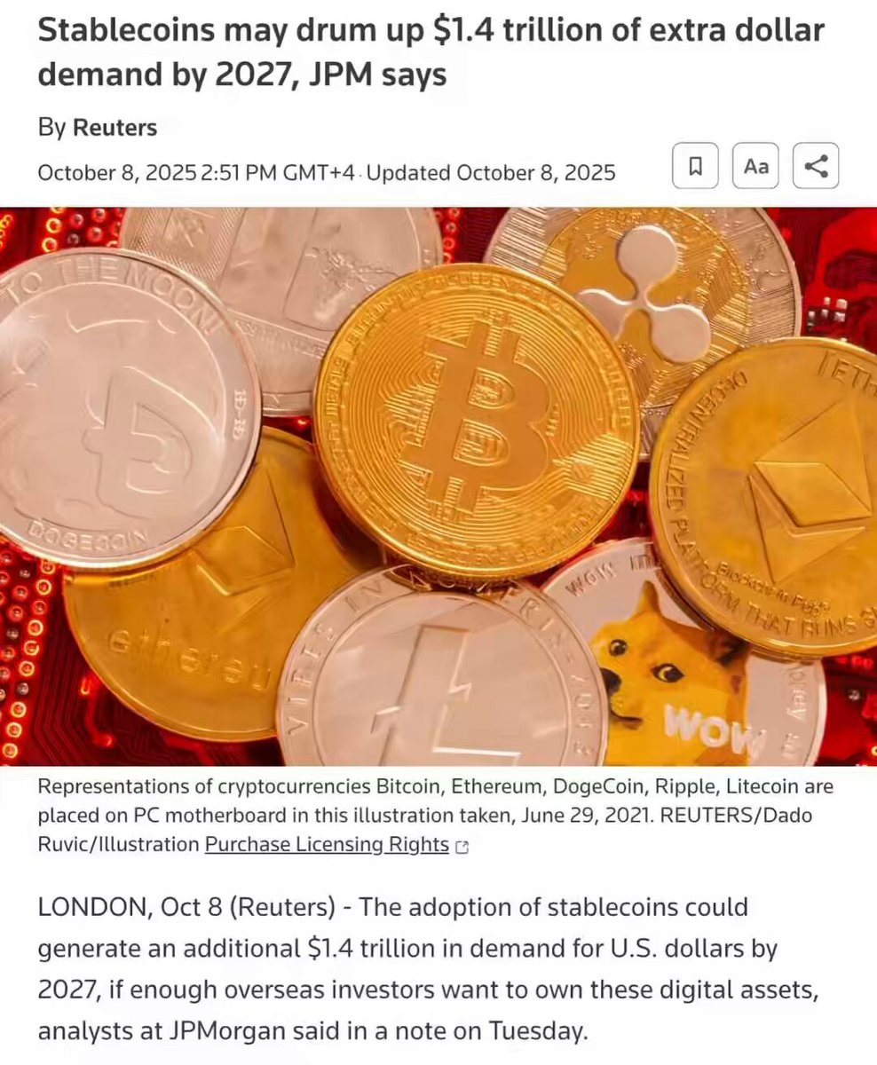 The image shows various denominations of US coins being stacked next to each other, with a total value of $1.44. The coins include some from different countries and denominations such as $1, $5, $10, and others. The text within the image provides information about the coins and their potential worth in the future. Additionally, there is a caption describing how the market's value could reach $2 trillion if it captures more than 0.4% of the entire U.S. currency market.