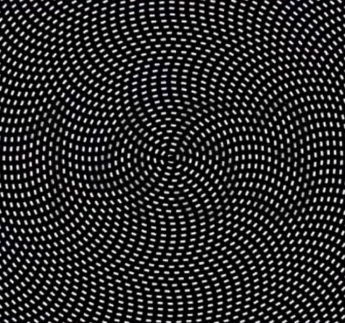 A black and white optical illusion image displaying a radial pattern of small white dashes that appear to ripple and warp in a circular motion.