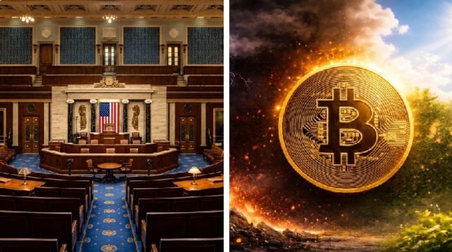 The image features a side-by-side composition: on the left, the interior of the U.S. House of Representatives chamber with an American flag visible, and on the right, a glowing golden Bitcoin coin surrounded by fire and dramatic skies.

**Caption:** A split image juxtaposing the U.S. House of Representatives chamber with a fiery Bitcoin symbol, visually representing the intersection of U.S. legislative action and the crypto market as the CLARITY Act promises regulatory framework long sought by institutional investors like those at Charles Schwab.