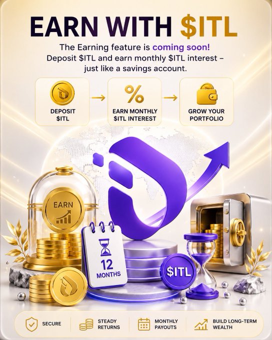 A promotional graphic titled 'EARN WITH $ITL' explaining that users can deposit $ITL to earn monthly interest, featuring purple and gold 3D illustrations of coins, a lockbox, and a calendar marking '12 MONTHS'.