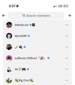 A mobile app screenshot showing a members list with a search bar at the top, displaying usernames like Adeniyi.sui, Mymibi, suiBruce | 639.sui, Ali, and Big Corn alongside profile pictures and verification badges.